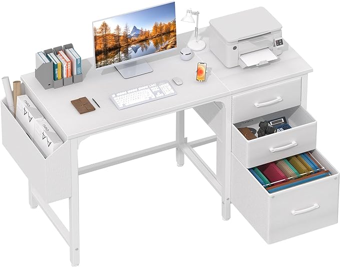 Lufeiya White Computer Desk with File Drawers Cabinet, 47 Inch Home Office Desks with Fabric Filing Cabinet for Small Space, Modern Writing Table PC Desks, White - LeafyLoom