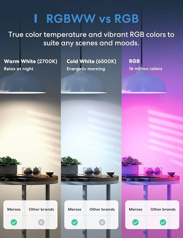 meross Smart Light Bulb, Smart WiFi LED Bulbs Compatible with Apple HomeKit, Siri, Alexa, Google Assistant and SmartThings, Dimmable E26 Multicolor 2700K-6500K RGB, 810 Lumens 60W Equivalent meross