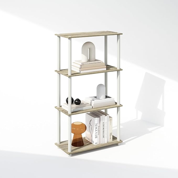 Furinno Turn-N-Tube 4-Tier Multipurpose Shelf Display Rack, Shelving Unit, Bookcase, Sonoma Oak/White - LeafyLoom
