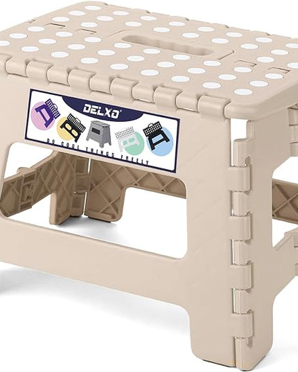 Delxo Folding Step Stool,9 Inch Lightweight Plastic Step Stool,Portable Collapsible Foldable Step Stool Non Slip Folding Stools for Kitchen Bathroom Bedroom in Khaki,1 Pack - LeafyLoom