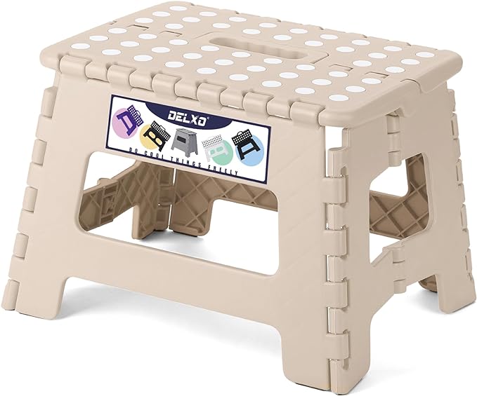Delxo Folding Step Stool,9 Inch Lightweight Plastic Step Stool,Portable Collapsible Foldable Step Stool Non Slip Folding Stools for Kitchen Bathroom Bedroom in Khaki,1 Pack - LeafyLoom