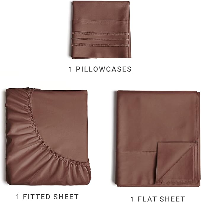 Twin Size 3 Piece Sheet Set - Comfy Breathable & Cooling Sheets - Hotel Luxury Bed Sheets for Women & Men - Deep Pockets, Easy-Fit, Extra Soft & Wrinkle Free Sheets - Brown Oeko-Tex Bed Sheet Set - LeafyLoom