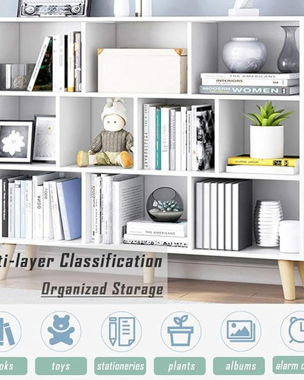 IOTXY Wooden Open Shelf Bookcase - 3-Tier Floor Standing Display Cabinet Rack with Legs, 10 Cubes Bookshelf, Warm White - LeafyLoom