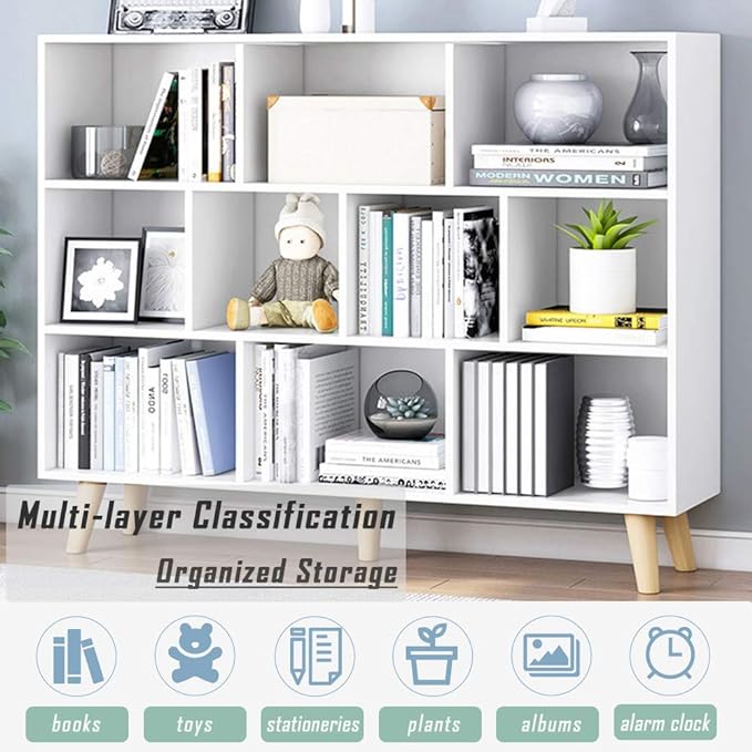 IOTXY Wooden Open Shelf Bookcase - 3-Tier Floor Standing Display Cabinet Rack with Legs, 10 Cubes Bookshelf, Warm White - LeafyLoom