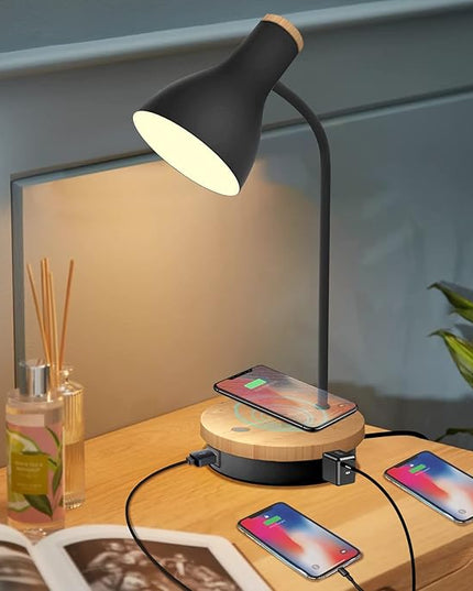 Metal Desk Lamp Wireless Charging Table Lamp Touch Reading Lights Arc Desk Lamps for Bedroom, 3 Way Dimmable Bedside Lamp with USB Charging Ports, Reading Lamp for Study Room and Office (Black-02) - LeafyLoom
