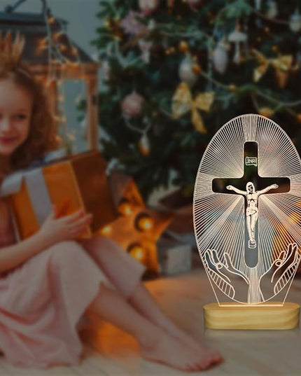 Baptism Gifts for Boys, Wood Bedside Lamp, Yellow, USB Powered, Jesus Cross Decor, LAMP - LeafyLoom