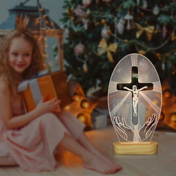 Baptism Gifts for Boys, Wood Bedside Lamp, Yellow, USB Powered, Jesus Cross Decor, LAMP - LeafyLoom