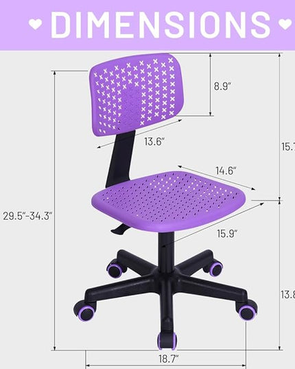 Desk Chair Armless Cute Office Chair, Low Back Rolling Home Office Task Chair Adjustable Swivel Study Chair for Girls Teens Adults Children Kids, Purple - LeafyLoom