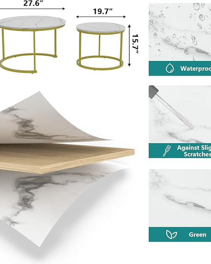 White Nesting Coffee Table Set of 2, 27.6" Round Coffee Table Wooden Marble Pattern with Adjustable Non-Slip Feet, Industrial End Table for Living Room Bedroom Balcony - LeafyLoom
