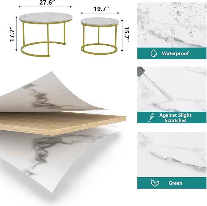 White Nesting Coffee Table Set of 2, 27.6" Round Coffee Table Wooden Marble Pattern with Adjustable Non-Slip Feet, Industrial End Table for Living Room Bedroom Balcony - LeafyLoom