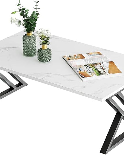 Coffee Table White Living Room Center Table, Simple Modern Faux Marble Rectangular Tea Table with Sturdy Black Metal Frame,Industrial Wooden Coffee Table for Bedroom Home Office - LeafyLoom