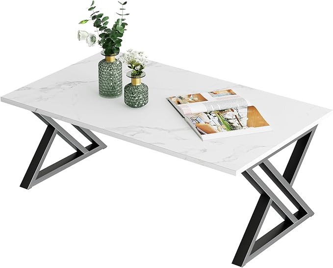 Coffee Table White Living Room Center Table, Simple Modern Faux Marble Rectangular Tea Table with Sturdy Black Metal Frame,Industrial Wooden Coffee Table for Bedroom Home Office - LeafyLoom