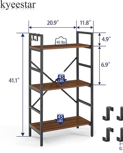 3 Tier Bookshelf, Bookcase Shelf Storage Organizer, Modern Book Shelf for Bedroom, Living Room and Home Office, Wood & Metal (Rustic Walnut) - LeafyLoom
