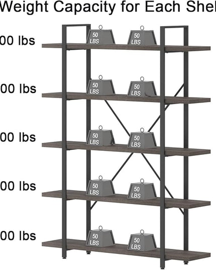 HSH 5 Shelf Bookcases and Book Shelves,Industrial Modern 5 Tier Tall Bookshelf, Rustic Wood and Metal Large Book Shelf for Bedroom Living Room,Vintage Open Wide Vertical Etagere Book Case, Dark Gray - LeafyLoom