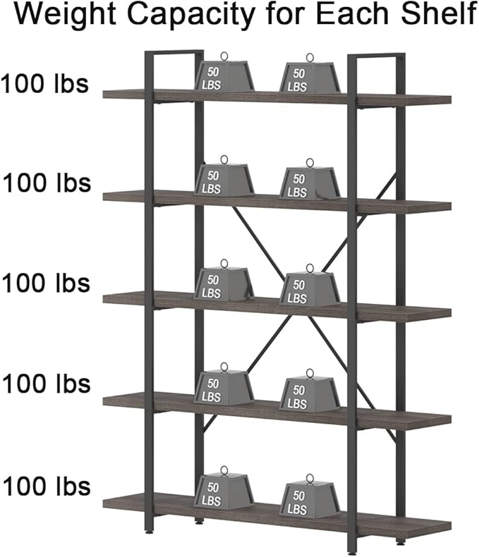 HSH 5 Shelf Bookcases and Book Shelves,Industrial Modern 5 Tier Tall Bookshelf, Rustic Wood and Metal Large Book Shelf for Bedroom Living Room,Vintage Open Wide Vertical Etagere Book Case, Dark Gray - LeafyLoom