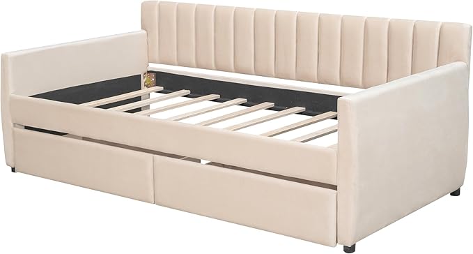 Twin Size Velvet Upholstered Daybed with Two Storage Drawers, Solid Wooden Bed Frame w/Vertical Stripes Designed Backrest and Pine Legs, Space-Saving Design, for Kids, Bedroom, Dorm, Beige-7 - LeafyLoom