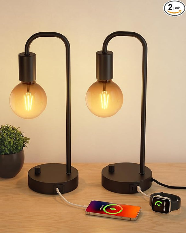 Industrial Table Lamp Set of 2 with USB C&A Charging Port, Stepless Dimmable Nightstand Bedside Lamps for Bedroom,Desk Lamps with 2700K Black Gradient Bulb for Reading Living Room,Office - LeafyLoom