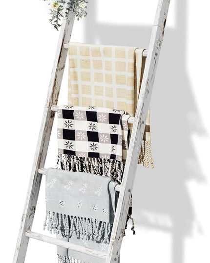 5-Tier Blanket Ladder Wooden, 5.3FT(63'') Blanket Quilt Holder Rack Decorative Ladder, Easy Assembly, Rustic Farmhouse Ladder Shelf for The Living Room Bedroom Bathroom Home Decor, White Wash - LeafyLoom