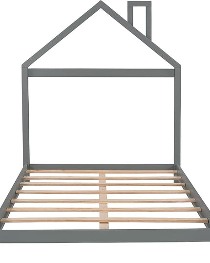 Jintop Full Size Wood Platform House-Shaped Headboard and Chimney,Bedroom Furniture Bed Frame W/ 10 Slat Support,Easy to Install,for Teens Kids Girls Boys,Gray - LeafyLoom