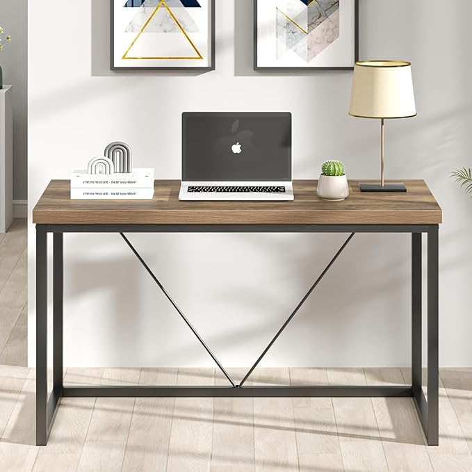 FOLUBAN Modern Home Office Desk, Rustic Wood and Metal Computer Desk, Industrial Study Writing Gaming Table Workstation, Vintage Laptop PC Desk, Oak 47 Inch - LeafyLoom