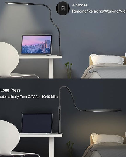 Desk Lamp, Eye-Caring Desk Light, Gooseneck Lamp with Clamp, Adjustable Color Temperature & Brightness, Clip on Lamp with Memory & Timer Function, Clamp Lamp for Home Office, 12W, Black - LeafyLoom