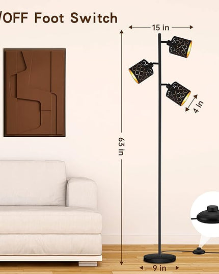 Industrial Floor Lamps for Living Room, Tree Standing Lamp for Bedroom with Adjustable 3-Light, 4W E12 LED Bulb, Modern Stand Up Lamps, Metal Tall Rustic Pole Lamp, Vintage Farmhouse Floor Lamp, Black - LeafyLoom