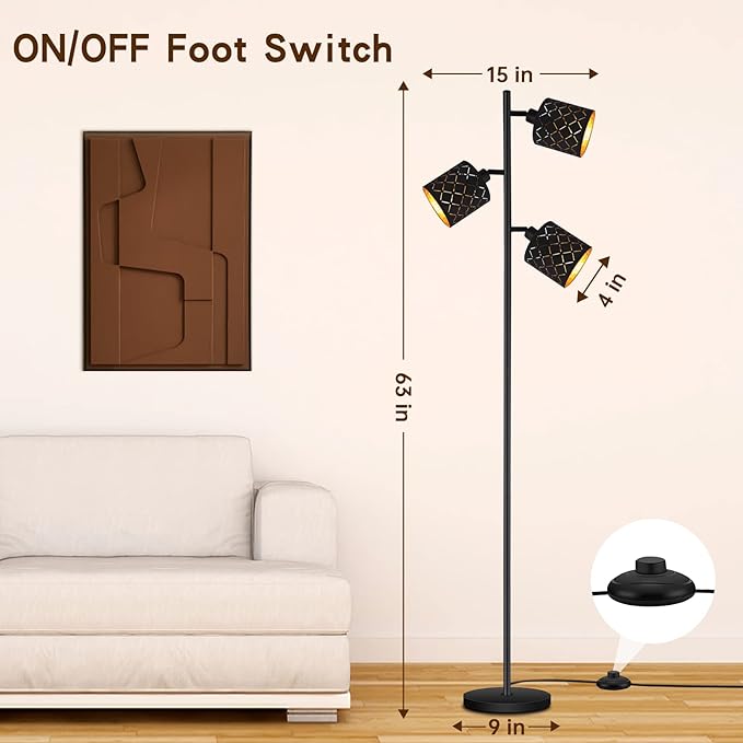 Industrial Floor Lamps for Living Room, Tree Standing Lamp for Bedroom with Adjustable 3-Light, 4W E12 LED Bulb, Modern Stand Up Lamps, Metal Tall Rustic Pole Lamp, Vintage Farmhouse Floor Lamp, Black - LeafyLoom