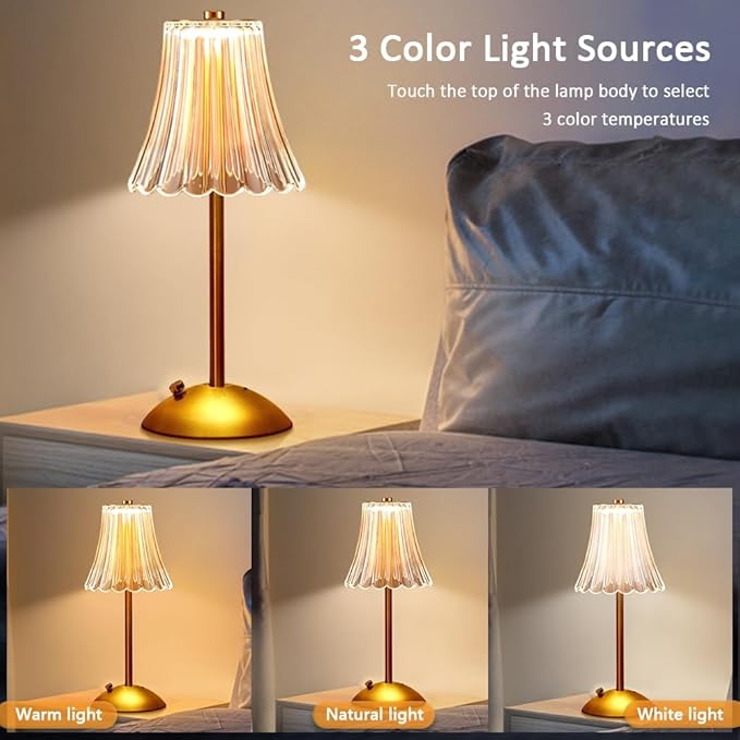 Cordless Metal Desk Lamp, Touch Sensor Control LED Table Lamp,3 Color Stepless Dimmable Battery Powered Lamp,Night Light for Kids Nursery,Bedroom/Desk/Cafe (Light Gold) - LeafyLoom