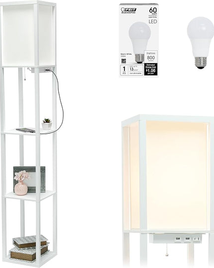 Simple Designs LF1037-WHT-LB Three Shelf Etagere Organizer Storage Floor Lamp with 2 Dual USB Ports and Charging Outlet, White, with Feit LED Bulb Included - LeafyLoom