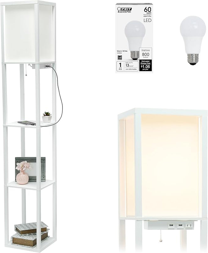 Simple Designs LF1037-WHT-LB Three Shelf Etagere Organizer Storage Floor Lamp with 2 Dual USB Ports and Charging Outlet, White, with Feit LED Bulb Included - LeafyLoom