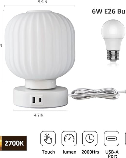 Touch Bedside Table Lamp - Small Table Lamps,3 Way Dimmable with USB C+A Charging Ports - Bedroom Nightstand & Living Room Essential, 6W Bulb Included - LeafyLoom