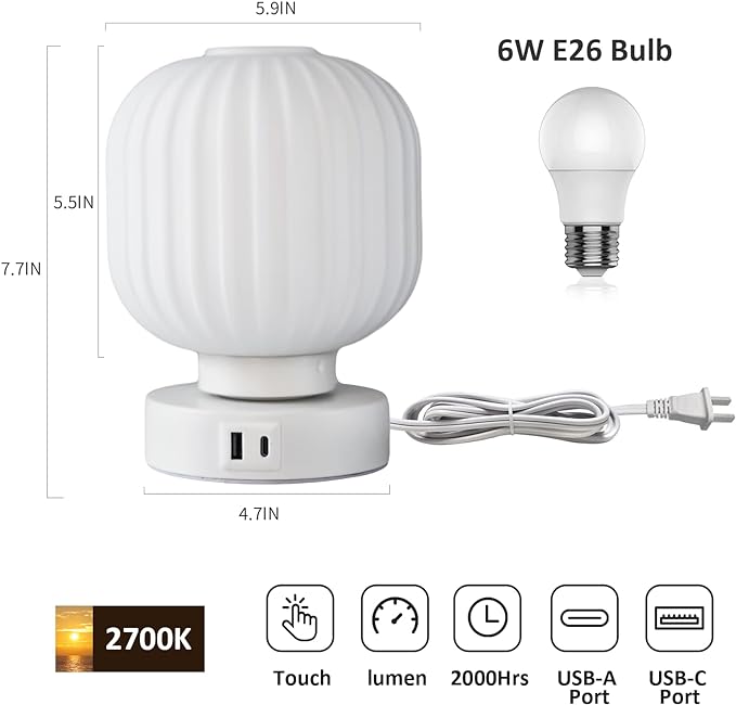 Touch Bedside Table Lamp - Small Table Lamps,3 Way Dimmable with USB C+A Charging Ports - Bedroom Nightstand & Living Room Essential, 6W Bulb Included - LeafyLoom