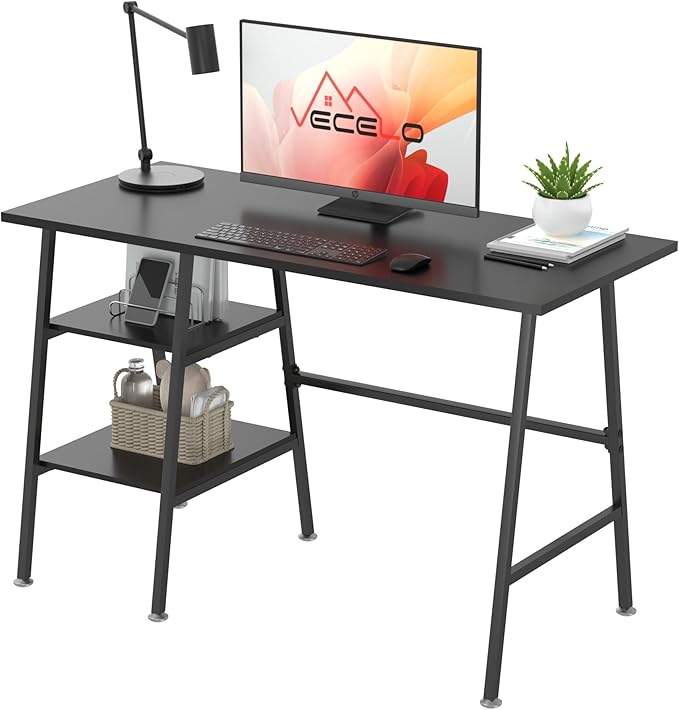 VECELO 43 Inch Home Office Computer Easy to Assemble Simple Table Modern Student Study Desk,Water Proof, Black+black leg - LeafyLoom