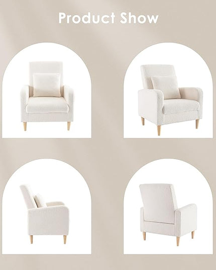 COLAMY Sherpa Upholstered Accent Chair Armchair with Pillow, Fabric Reading Living Room Side Chair,Single Sofa with Lounge Seat and Wood Legs, Cream - LeafyLoom