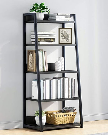 IOTXY 5 Tier Open Bookshelf - Steel and Wood Display Stand, 50CM Width Floor-Standing Bookcase, Black - LeafyLoom