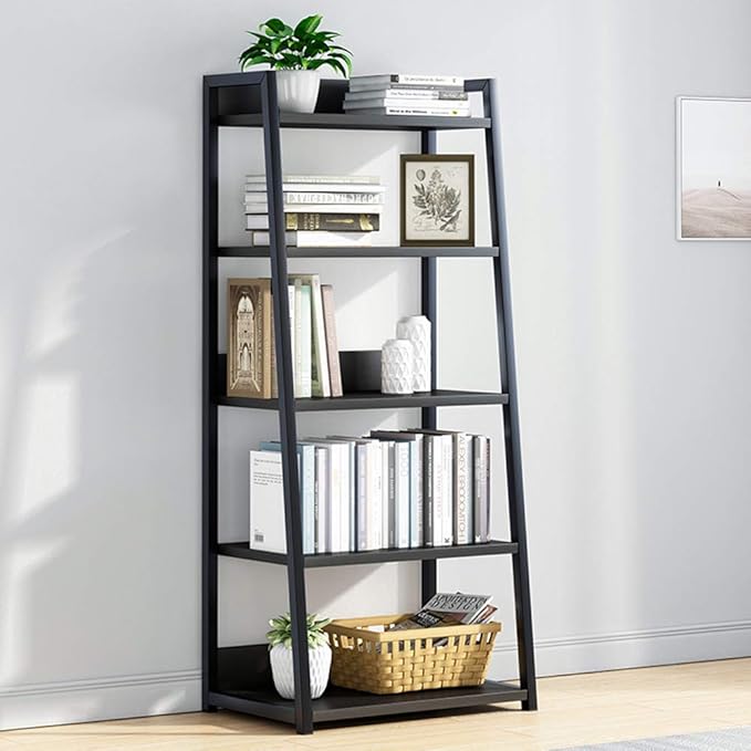 IOTXY 5 Tier Open Bookshelf - Steel and Wood Display Stand, 50CM Width Floor-Standing Bookcase, Black - LeafyLoom