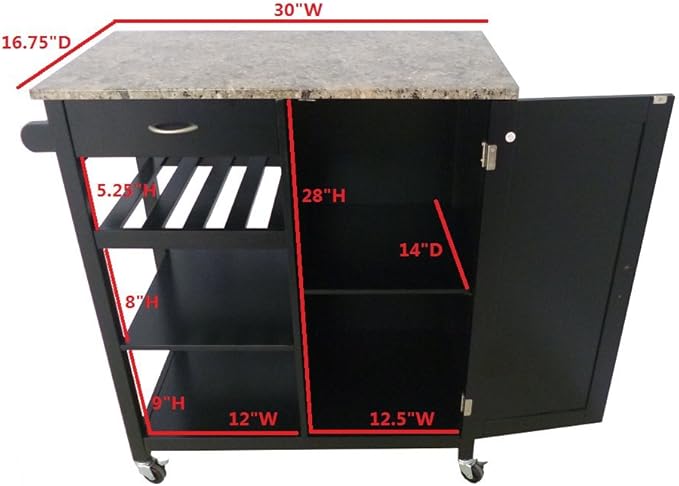 King's Brand Furniture-Black Wood & Marble Finish Top Kitchen Storage Cabinet Cart - LeafyLoom