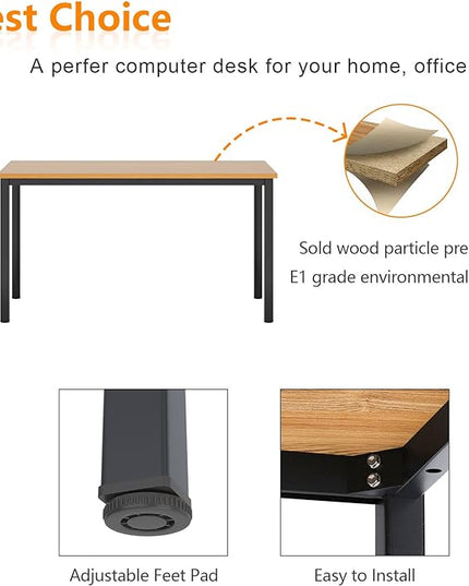 Need 55 Inch Large Computer Desk - Modern Simple Style Home Office Gaming Desk, Basic Writing Table for Study Student, Black Metal Frame, Teak - LeafyLoom