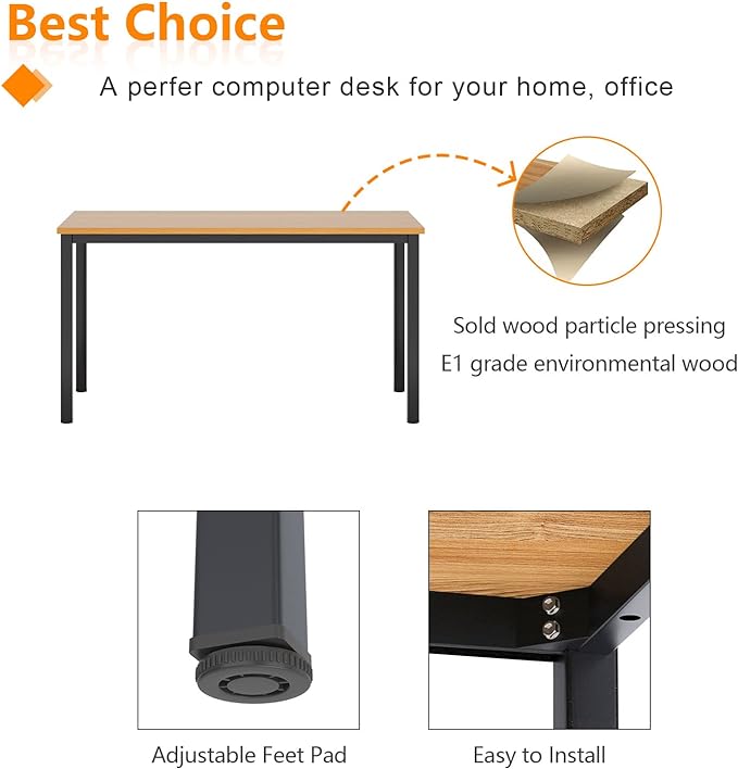 Need 55 Inch Large Computer Desk - Modern Simple Style Home Office Gaming Desk, Basic Writing Table for Study Student, Black Metal Frame, Teak - LeafyLoom
