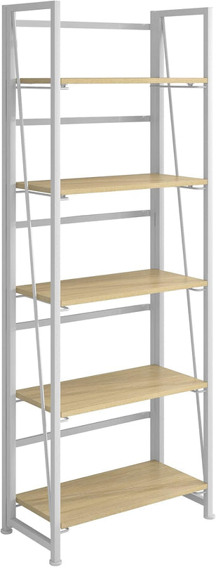 4NM No-Assembly Folding Bookshelf Storage Shelves 5 Tiers Vintage Bookcase Standing Racks Study Organizer Home Office (Natural and White) - LeafyLoom