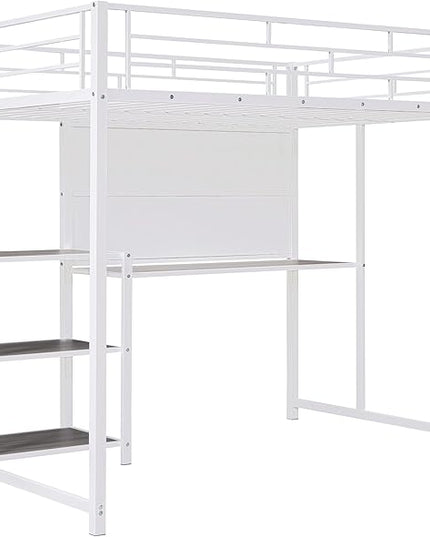 RITSU Full Size Loft Bed, Heavy Duty Metal Bunk Bedframe with Desk and Whiteboard, Safety Guardrail Fence & Ladder, 3 Big Storage Shelves, for Kids, Teens, White - LeafyLoom