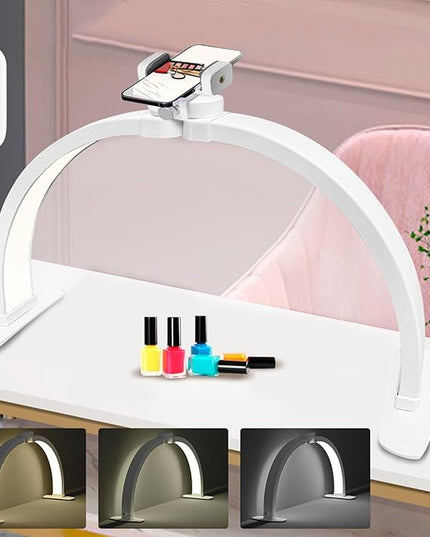 LIGHTLY Half Moon Light for Nail Desk Foldable with Phone Holder, Nail Tech Lamp for Desk with Wire Controller, 3 Color Modes, 5 Brightness for Eyelash Extensions, Tattoo, Nail Art Lighting - LeafyLoom