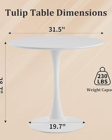 Round Dining Table,31.5”Kitchen Table for 2-4 People,MDF Table Top with Metal Pedestal Base,Tulip Design for Kitchen,Dining Room,Living Room,Leisure,White - LeafyLoom