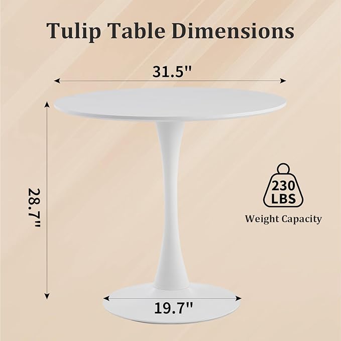 Round Dining Table,31.5”Kitchen Table for 2-4 People,MDF Table Top with Metal Pedestal Base,Tulip Design for Kitchen,Dining Room,Living Room,Leisure,White - LeafyLoom