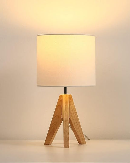DEWENWILS Mid Century Bedside Lamp, Small Tripod Table Lamp with Linen Fabric Shade, Wood Nightstand Lamp for Nursery, Living Room, Bedroom, End Table, UL Listed, 14.2 Inch, ON/Off Switch - LeafyLoom
