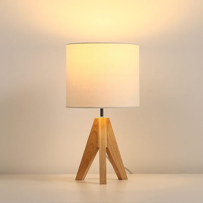 DEWENWILS Mid Century Bedside Lamp, Small Tripod Table Lamp with Linen Fabric Shade, Wood Nightstand Lamp for Nursery, Living Room, Bedroom, End Table, UL Listed, 14.2 Inch, ON/Off Switch - LeafyLoom