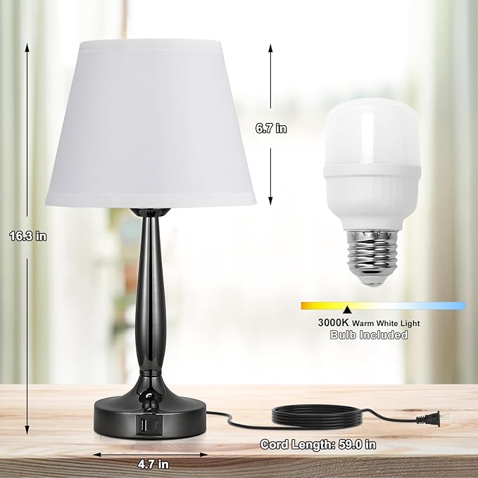 Kakanuo Touch Bedside Lamp for Bedroom with USB C Port, Small Touch Table Lamp with 2 USB Charging Ports, 3 Way Dimmable Nightstand Lamp for Living Room and Office - White (LED Bulb Included) - LeafyLoom