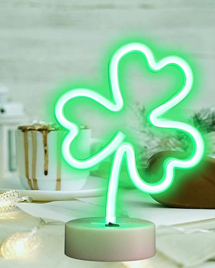 Neon Signs Shamrocks Shaped St. Patrick's Day decorations, Green LED Clover Neon Lights for Bedroom Decor Battery/USB Operated Night Lights for Home Tabletop Lamp - LeafyLoom