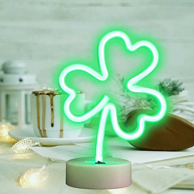 Neon Signs Shamrocks Shaped St. Patrick's Day decorations, Green LED Clover Neon Lights for Bedroom Decor Battery/USB Operated Night Lights for Home Tabletop Lamp - LeafyLoom