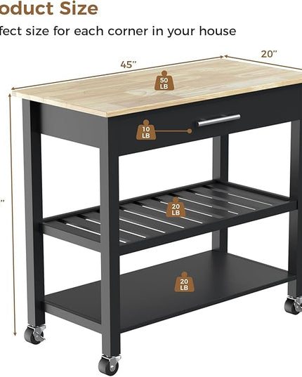 45" Kitchen Island Cart, 3 Tier Kitchen Island on Wheels with Storage Drawer, 2 Shelves & Towel Rack, Rolling Kitchen Island with Wood Top, Simple Design Island Table for Kitchen, Dark Black - LeafyLoom
